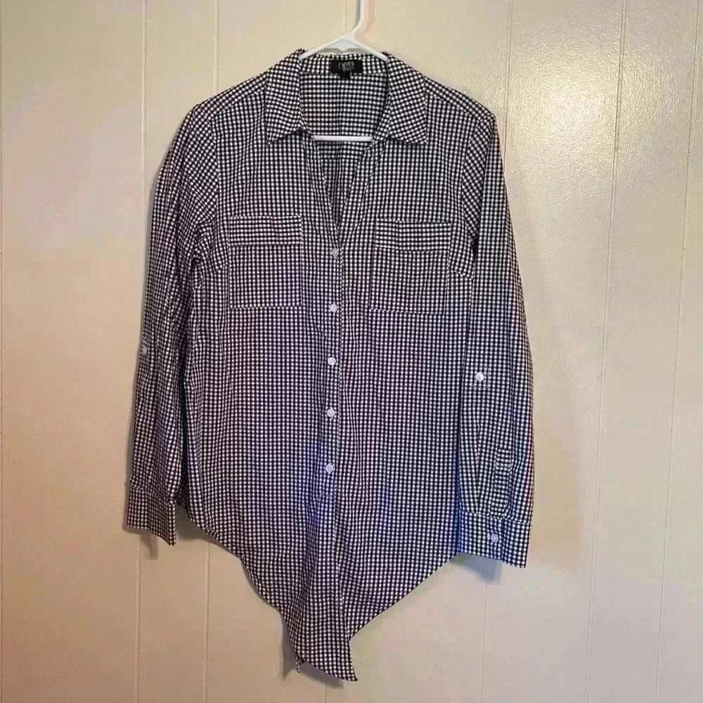 Jones New York Black & White Gingham Long Sleeve, Tie Front Large Woman’s Shirt - Picture 3 of 12